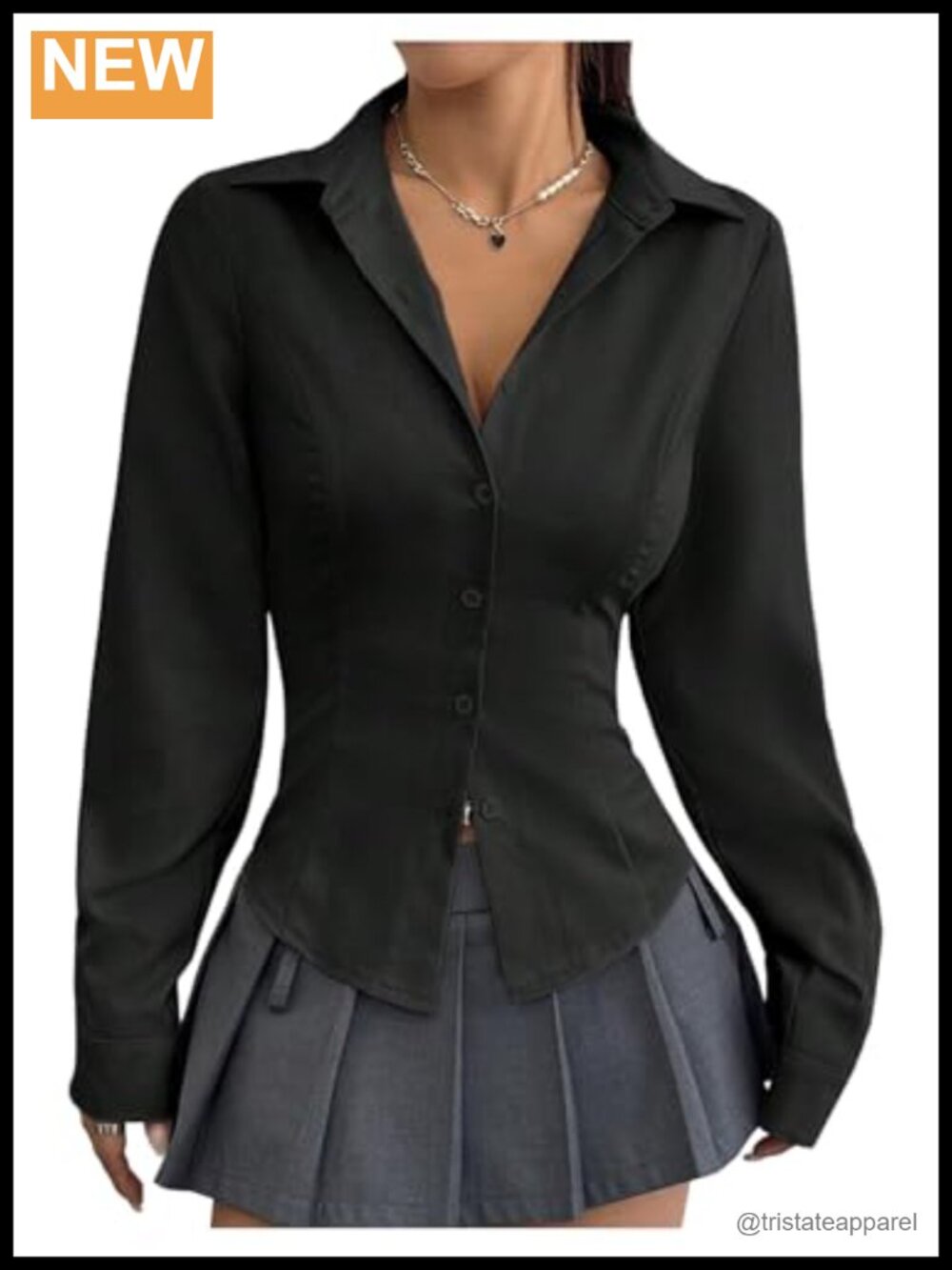 Slim Fit Long Sleeve Button Down Blouse Asymmetrical Hem Polyester